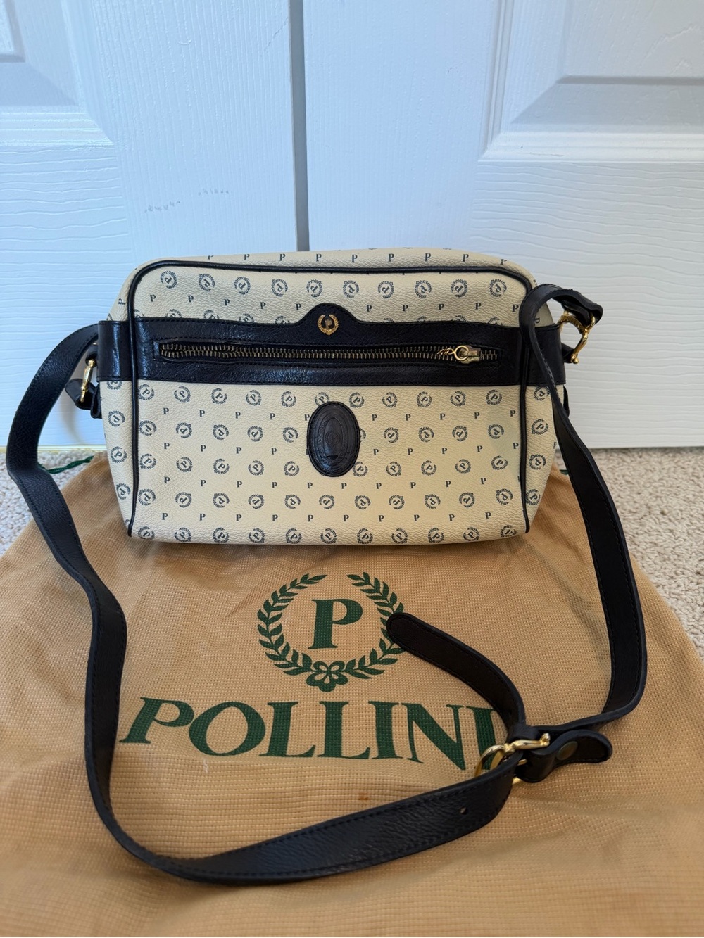 VINTAGE Pollini Italy Monogram Leather Camera Crossbody Bag Cream Black
